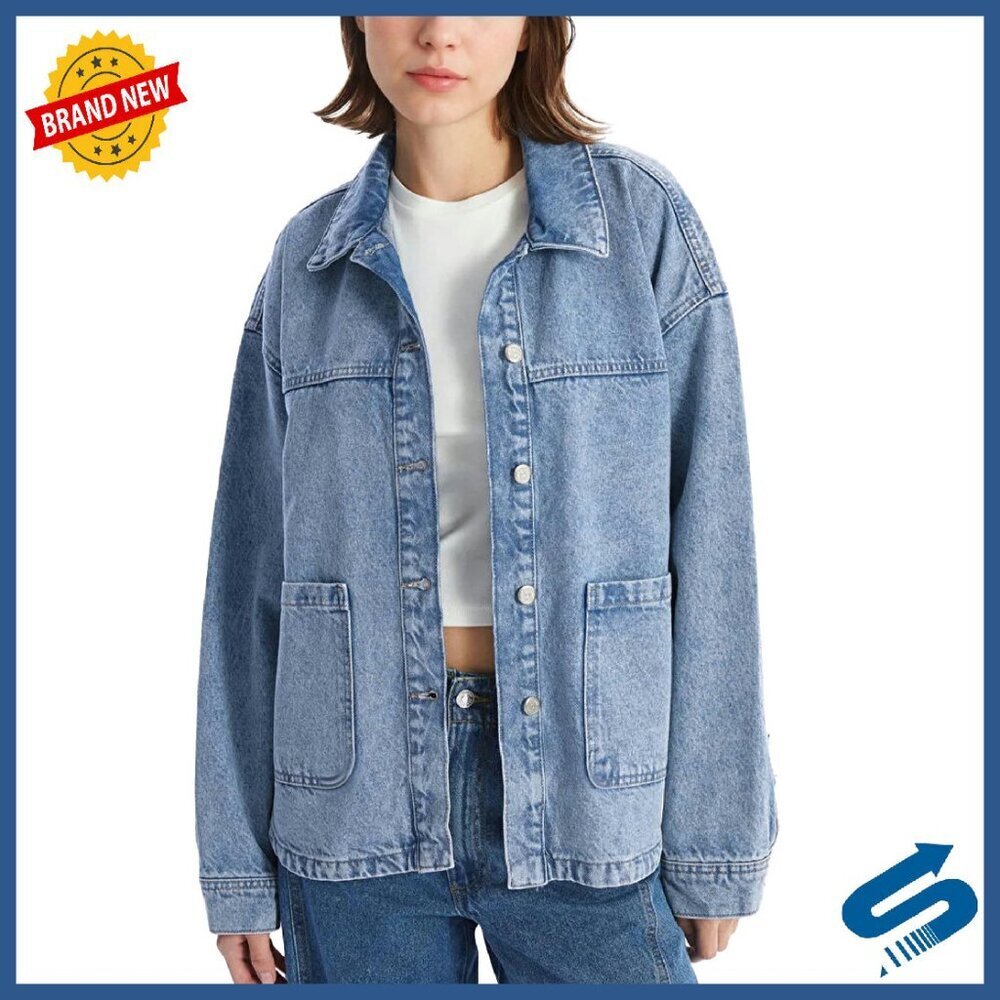 Oversized Denim Shacket Jacket with Pockets, Button Up, Long Sleeve